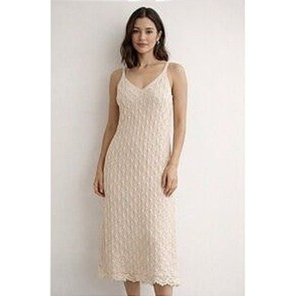 Freshman 1996 Crochet Knit Midi Dress Womens L Beige V-Neck Boho Sleeveless NWT